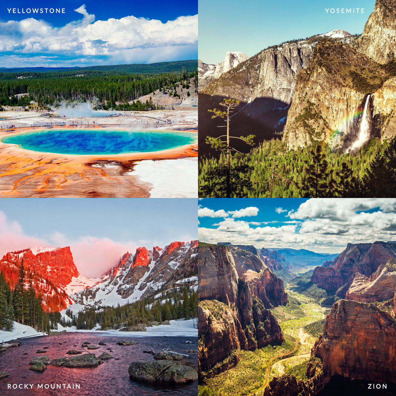 Yellowstone, Yosemite, Rocky Mountain, Zion